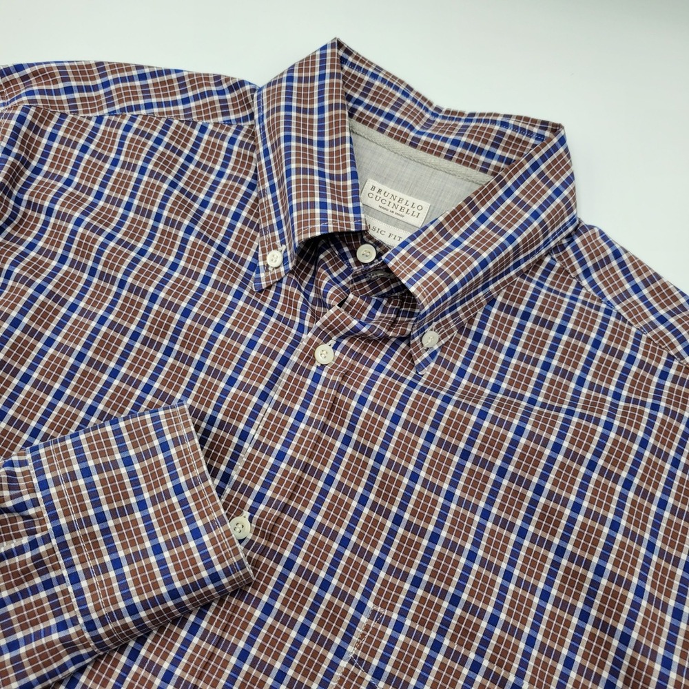 Brunello Cucinelli Mens Plaid Button Down Shirt Basic Fit Blue Brown Italy Med